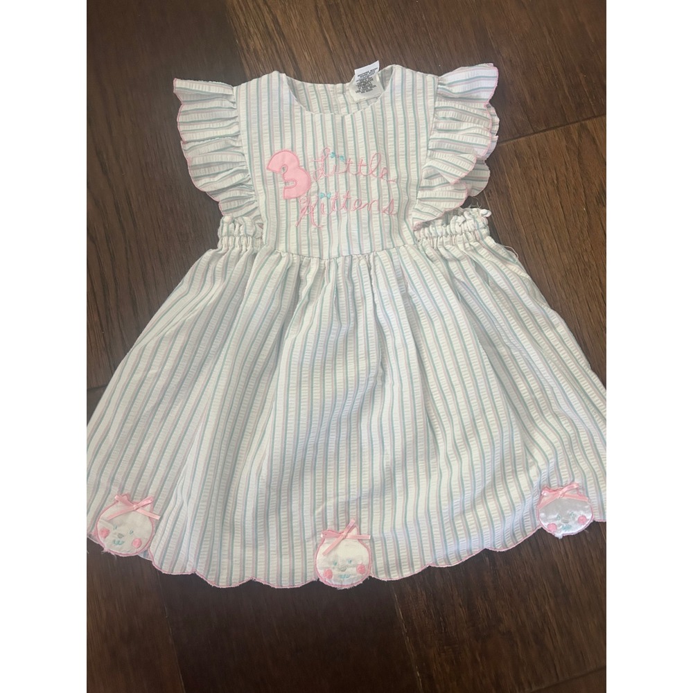 Vintage Mayfair 3 Little Kittens Seersucker Dress 4T Pastel Stripe Ruffle Hem